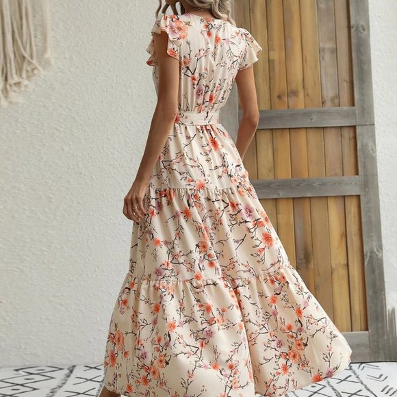 Floral Print Butterfly Sleeved Ruffle Hem Belted Maxi Dress - Picture 3 of 5